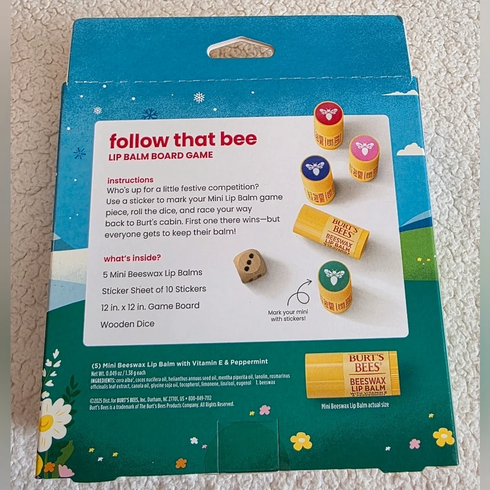 New Burt's Bees Holiday Limited Edition Follow that Bee Board Game Lip Balm Gift